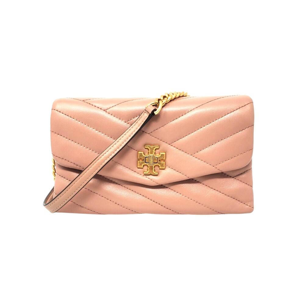 Tory Burch Kira Chevron Chain Wallet Purse Leather Pink Moon Rolled Brass 64086
